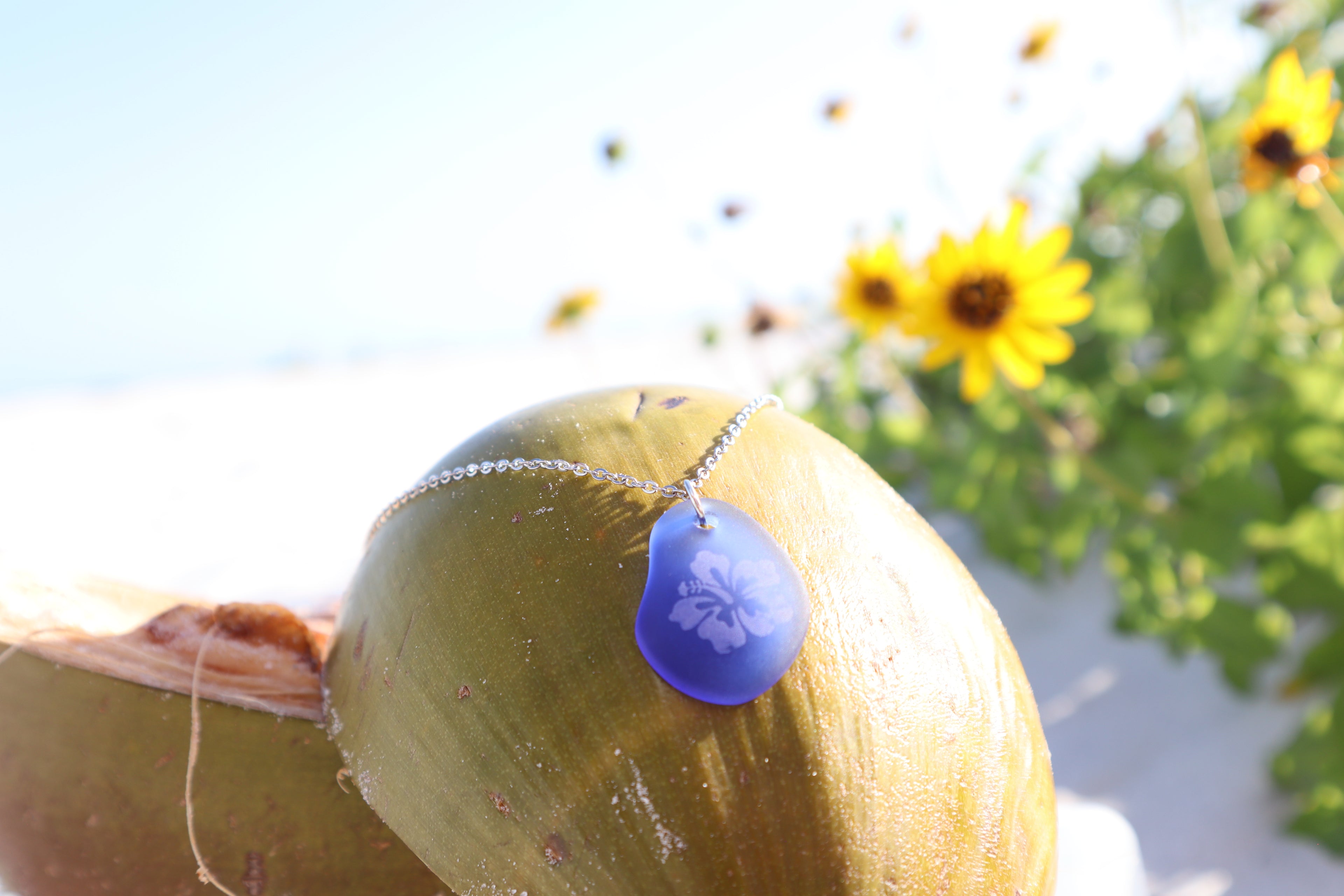 Hibiscus Coastal Boho Sea Glass Necklace l Laser Engraved