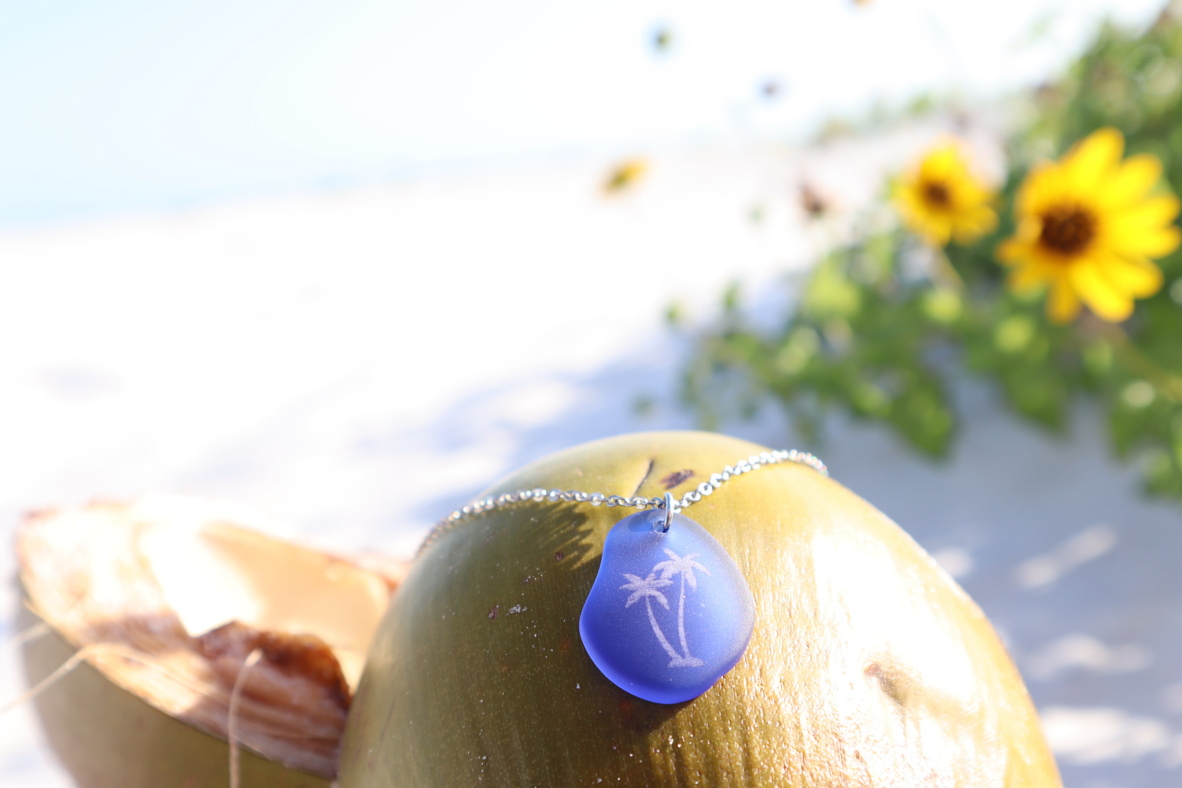 Palm Tree Coastal Boho Sea Glass Necklace l Laser Engraved