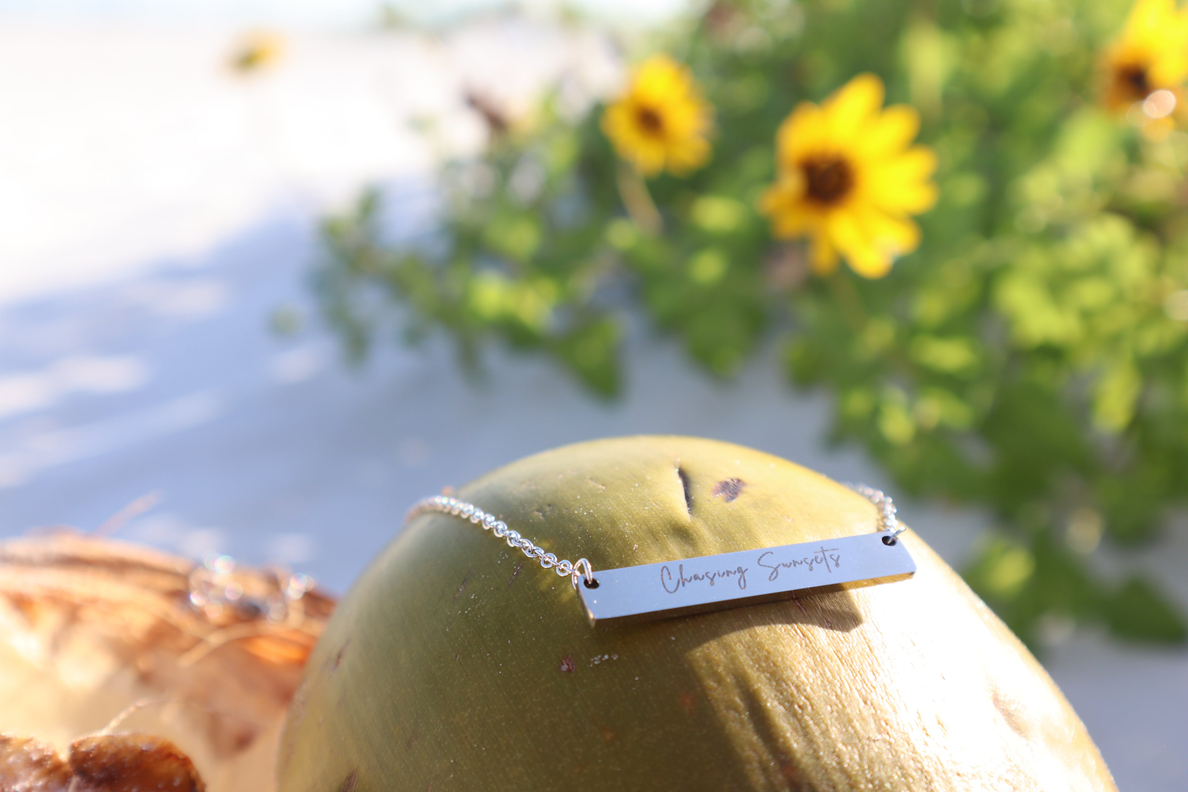 Chasing Sunsets Minimalist Boho Coastal Bar Necklace l Laser Engraved