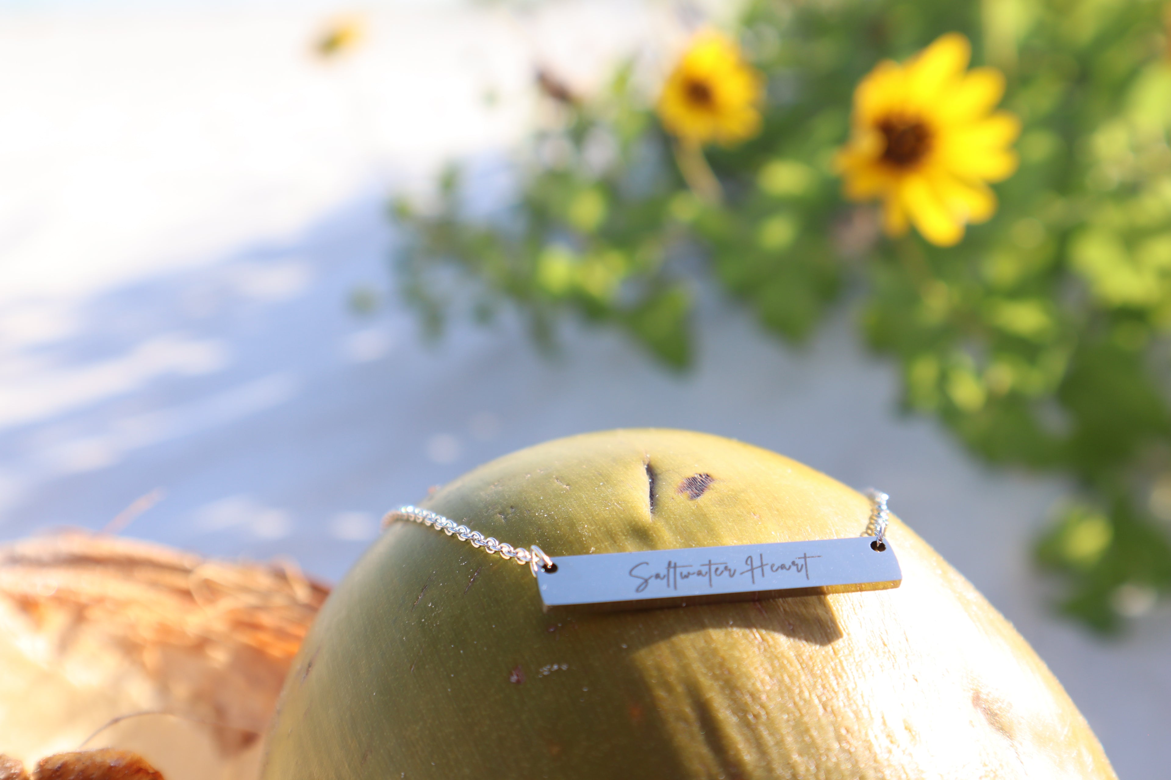 Saltwater Heart Minimalist Boho Coastal Bar Necklace l Laser Engraved