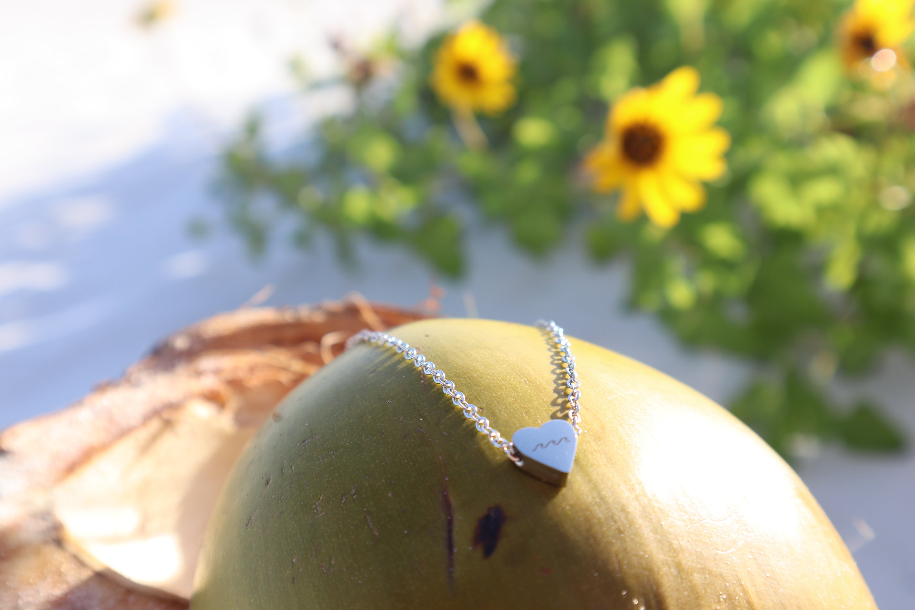 Ocean Wave Minimalist Coastal Boho Heart Charm Necklace l Laser Engraved