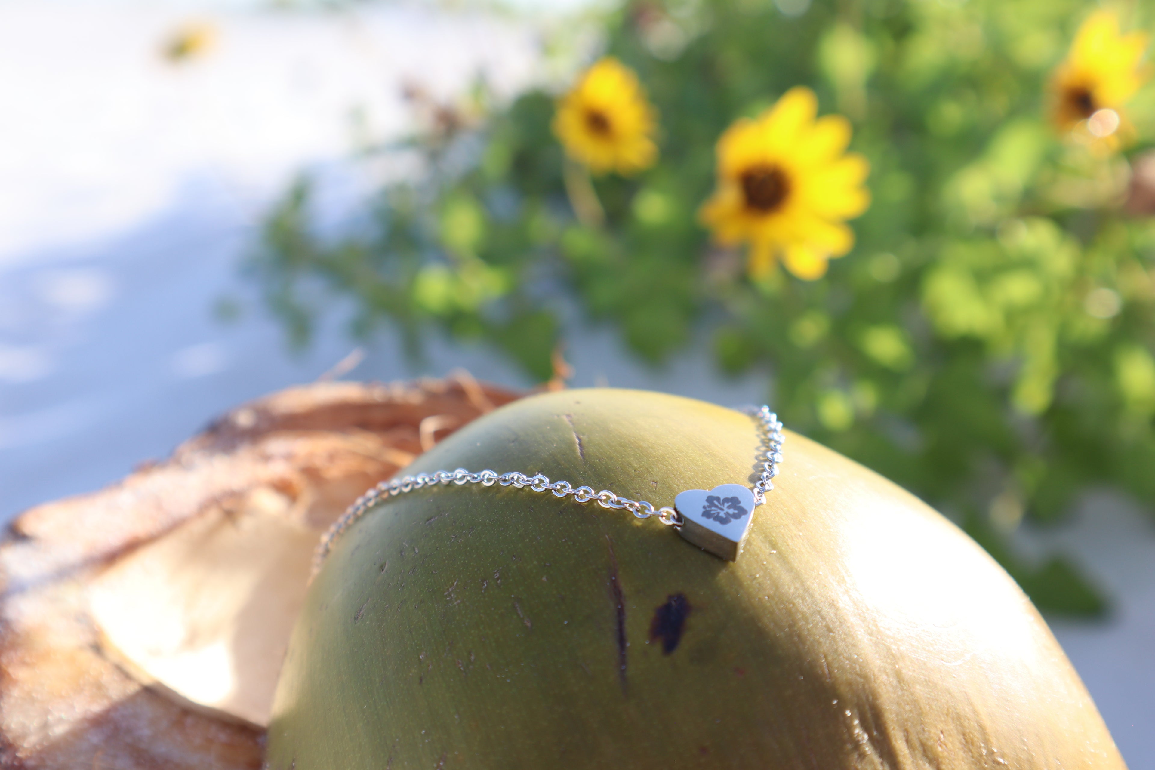Hibiscus Minimalist Coastal Boho Heart Charm Necklace l Laser Engraved